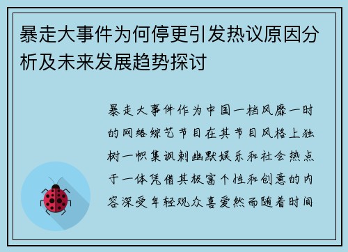暴走大事件为何停更引发热议原因分析及未来发展趋势探讨